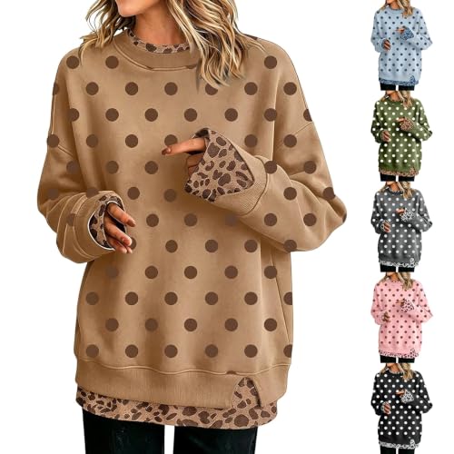 Polka Dot Sweatshirt for Women Casual Dressy Leopard Print Sweaters Khaki L | Layering Tops, Leopard Print, Patchwork, Long Sleeve, Pullover Sweaters, Cozy, Vacation, Layering, Fall Winter Outfits - image 1