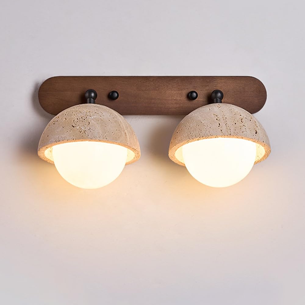 SXECAEPS Travertine Wall Lamp Bedroom Bedside Lamp, Wood Light with Globe Glass Shade G9 Socket Yellow Sconce, Mounted Lamps for Living Room Hallway
