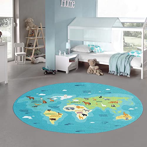Teppich-Traum Kinderzimmerteppich Weltkarten-Lernspiel Kontinente Tiere & Meere in blau grün, 200...