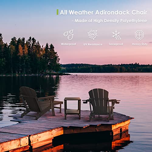 Greenvines Folding Adirondack Chair With Adjustable Back & Ottoman, Wood Grain Hdpe All-Weather Poolside Chairs W/Cup Holders & Footrest For Fire Pit Campfire Deck Patio Outdoor Lawn, Black #TOP5