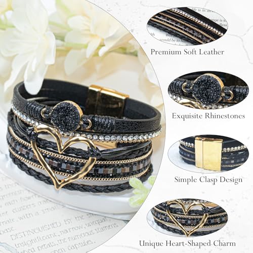 Leather Wrap Bracelet for Women, Boho Heart Cuff Bracelet with Strong Clasp, Multi-Layer Crystal Leather Bracelet3