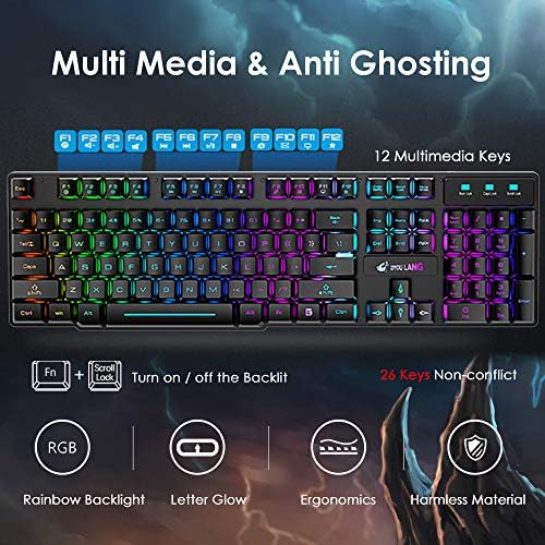 Wireless Keyboard Mouse Combo Rainbow Backlit 2.4G Rechargeable 3000mAh Battery 104 Keys Gaming Keyboard + 2400DPI 6 Buttons Optical Rainbow LED Gaming Wireless Mouse + Mouse Pads for PC Laptop