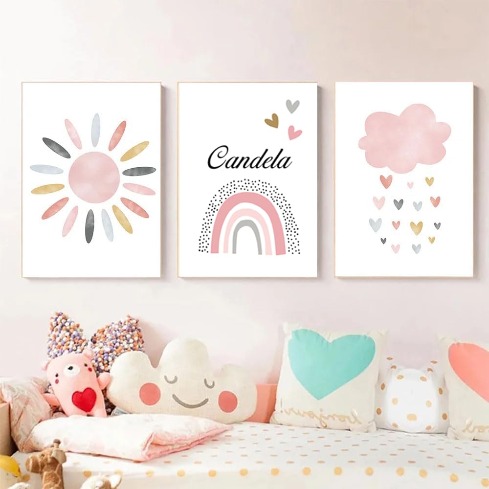 3 Laminas Personalizadas Infantiles Poster Nombre Bebe Cuadro Bohemio Arcoiris Nube Sol Decoracion Habitacion Niña Regalo 30x40 cm sin Marco
