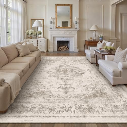 Area Rug 10x12 Beige Washable Living Room Carpet Non Slip Vintage Medallion Indoor Bedroom Carpet Low Pile Soft Retro Distressed Large Rug Home Office Dining Room Playroom