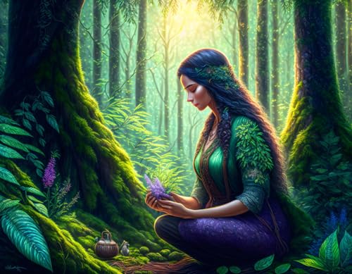 Femme dans une forêt affiche toile magique décoration murale herboristerie