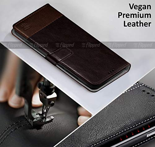 Image of FLIPPED Vegan Leather Flip Case Back Cover for iQOO 9 SE 5G (Flexible, Shock Proof | Hand Stitched Leather Finish | Card Pockets Wallet & Stand | Coffee with Brown)