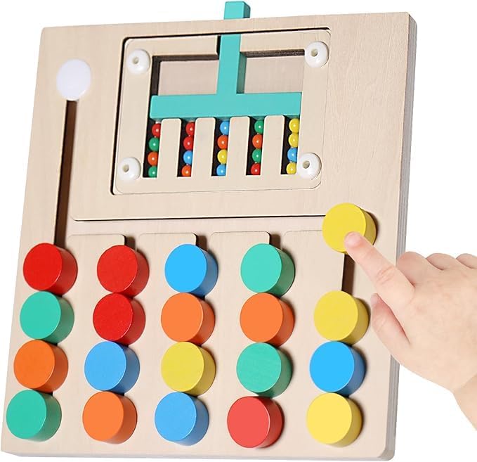 Image of Montessori Wooden Slide Puzzle for Kids 3-8 Years | 5-Color Sorter & Pattern Matching Educational Brain Teaser | Travel Activity Toy for Boys & Girls