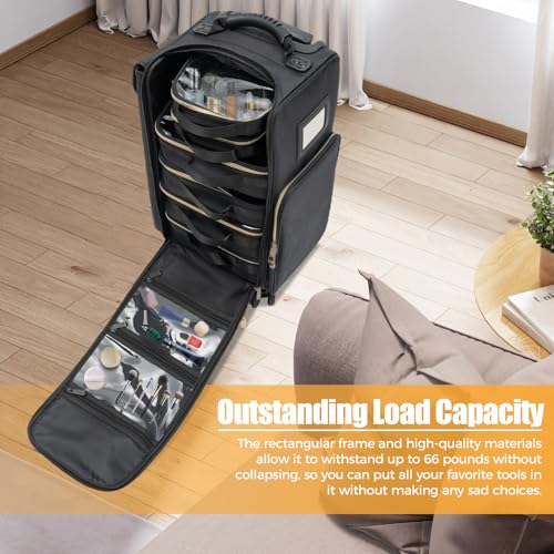 Makeup Rolling Train Case Large Storage Cosmetic Trolley, Professional Cosmetic Organizer Box with WheelsSalon Barber Case Traveling Cart Trunk, Black 11.42 * 9.45 * 18.5in3