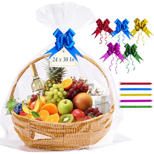 Homrelaxy 20 Pcs 24 x 30 Inches Cellophane Bags for Gift Baskets with 20 Colorful Pull Bows Plastic Clear Basket Bags Cellophane Wrap for Gift Baskets for Birthday Wedding Thanksgiving