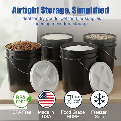 Image of ePackageSupply 5 Gallon Bucket - Food Grade Bucket with Airtight Gamma Seal Screw-On Lid, BPA-Free, Heavy-Duty 90 Mil HDPE Plastic, Bulk Storage, Durable Container, Made in USA, Black /White, 6 Packs | Airtight Gamma Seal Screw-On Lid, Heavy-Duty 90 Mil HDPE Plastic, Food Safe and Durable Container, Bulk Storage, Made in USA