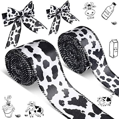 2 Rolls 20 Yards Cow Print Ribbon Cow Print Wired Edge Ribbon Cow Spot Pattern Ornaments Fabric Ribbons For Wreaths, Wrapping, Crafting, Christmas, Home Party (2.5/1.5 Inch Width, Black And White) #TOP17