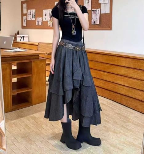 chouyatou Women's Y2K Irregular Ruffle Hem Denim Skirt Elastic Waist Split Thigh Midi Jean Tiered Skirt2