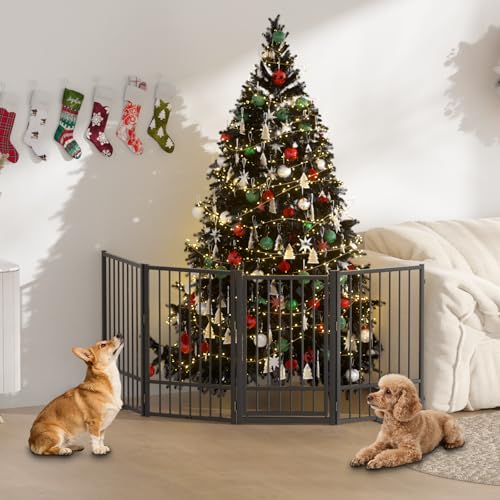 SNUOWU Full Metal Freestanding Dog Gate with Door, 32''Height Foldable Pet Dog Fence for Indoor & Outdoor, 4 Panels Extra Wide Free Standing TallDog Gates for Doorways,House,Stairs,Porch,Deck,Yard - Thumbnail 2