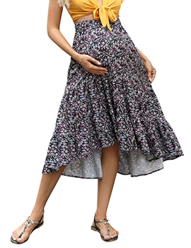 FUNJULY Maternity Dress Women's High Waist Floral Print Pleated Maxi Skirt Casual Flowy Swing A Line Long Skirts BlackPurple M