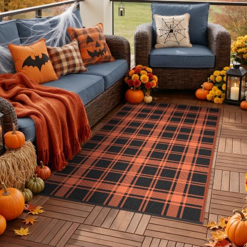 Image of GENIMO Fall Decor Outdoor Rug 3'x5' for Porch, Plastic Door Mat Dark Orange