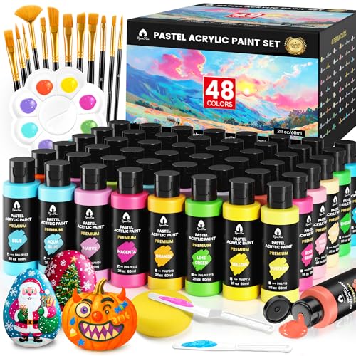 64 Pcs Pastel Acrylic Paint Set with 12 Brushes, 2 Knives & Palette, 48 Colors (2oz/60ml) - for Adults, Kids, Artists & Beginners - Canvas Ceramic Rock Wood Egg Painting Kit