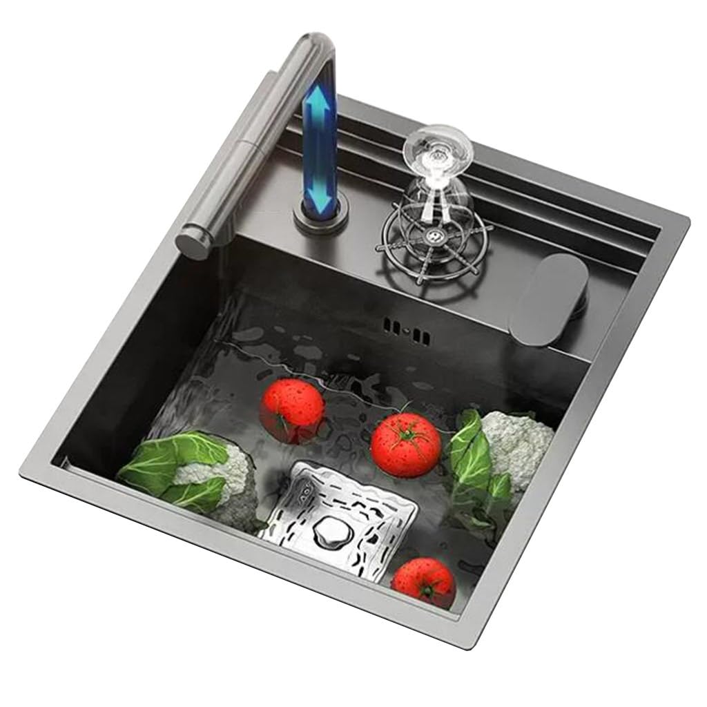 Küchenspüle mit einem Becken, unsichtbarer Spüle mit Glasspüle, Edelstahl, Kücheninsel, Mini-Siphon-Auszieharmatur, leicht zu reinigen, platzsparend