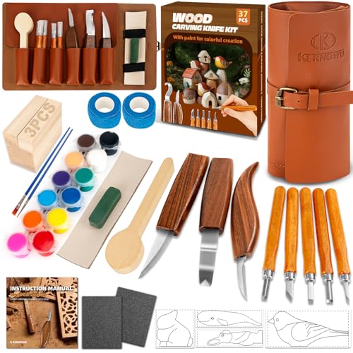 Wood Carving Kit 37pcs Wood Carving Tools with 12 Color Paint Wood Whittling Kit with 4pcs Templates & Users Guide for Beginners37Pcs Wood Carving Kit with Storage Bag