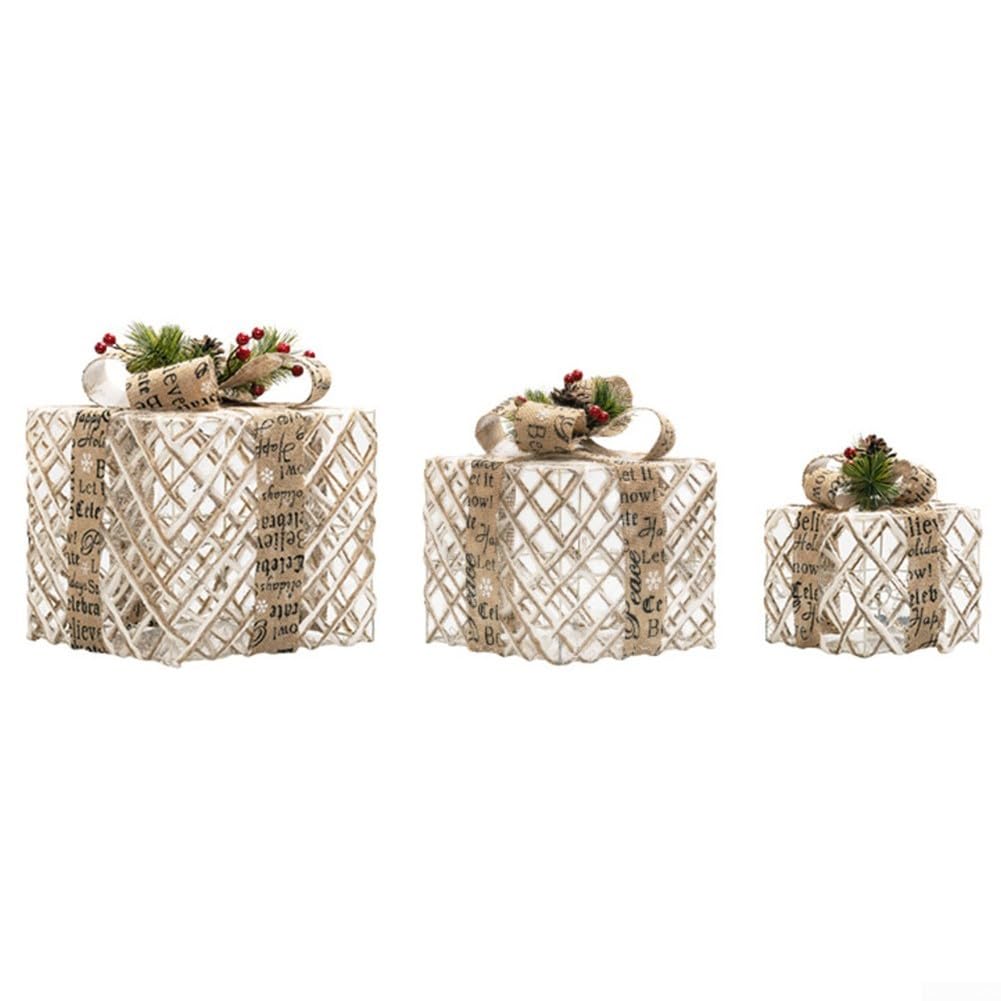 Scatole natalizie luminose in tre pezzi, con copertura in peluche e fiocco argentato per feste in casa e giardino (bianco curry)