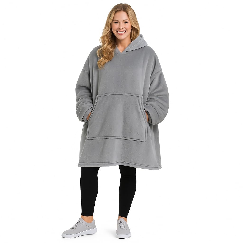 Good Nite Decke mit Ärmeln für Frauen und Männer Sherpa kuscheldecke Tragbare Decken Adult Cosy Sweater Tragbare Warm Decken Übergroßer hoodie mit Taschen Grau（98x100cm）