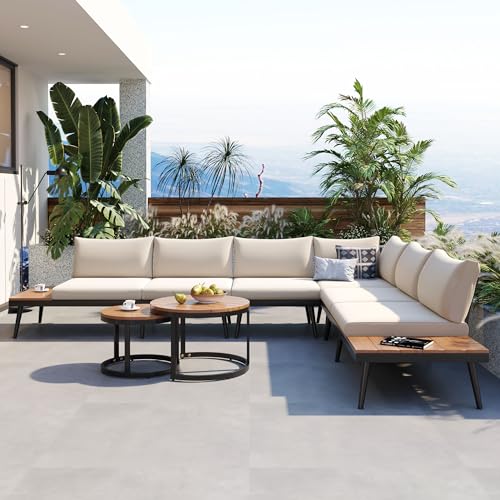 CKLMMC Modern Outdoor Sectional Sofa Set with Round Nesting Coffee Tables and Cushions,6-Piece Patio Furniture Set for Porch,Garden,Poolside and Balcony (Beige)