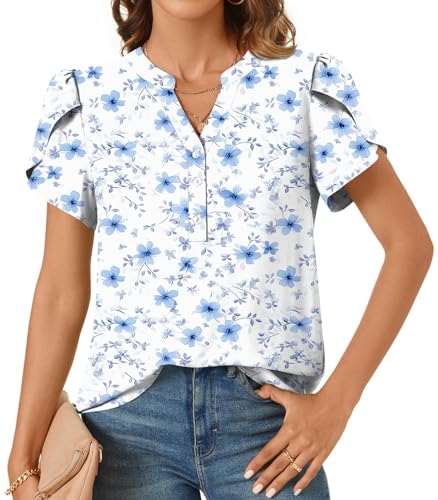 Netsmile Camicia da donna elegante casual in chiffon, con bottoni, scollo a V, maniche a pieghe, Ciliegia blu business Fl, XXL