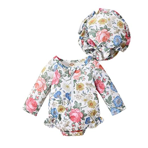 Aimaopao Maiô feminino de manga comprida com zíper e chapéu, Rosa floral, Recém nascido