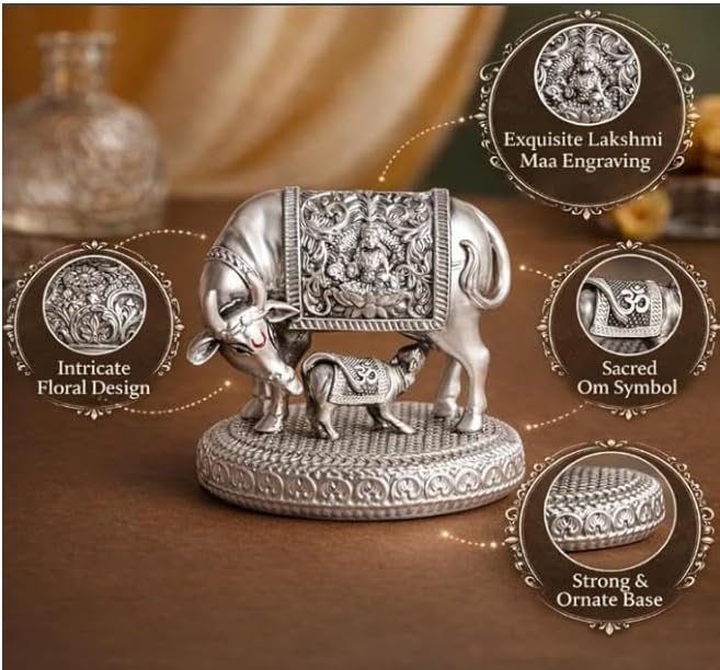 Image of KYAT 999 Pure Silver Plated Kamdhenu Cow with Calf Idol | 2.5 Inch Vastu Showpiece for Pooja Room & Mandir | Symbol of Prosperity & Wealth | Diwali Griha Pravesh Gift