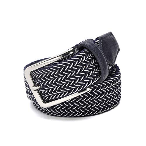 Hombres Cinturón de cintura elástico azul Cinturón elástico de cuero trenzado elástico de lona Cinturón elástico de metal de 1 3/8"de ancho blanco marino 145 cm
