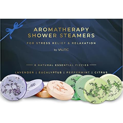 Valitic Aromatherapy Shower Steamers for Stress Relief and Relaxation - Gifts for Women Mom Birthday 8 Natural Essential Fizzies Shower Bombs - 4 Scents - Lavender, Eucalyptus, Citrus, and Peppermint Cover