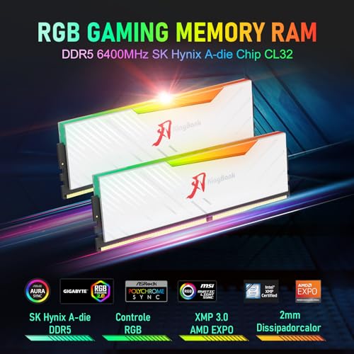 Image of KingBank RGB Computer Desktop Memory Ram Hynix A-die DDR5 64GB(2x32GB) 6400MT /s CL32 1.4V with Heatsink for Desktop Computer Gaming /Office /PS