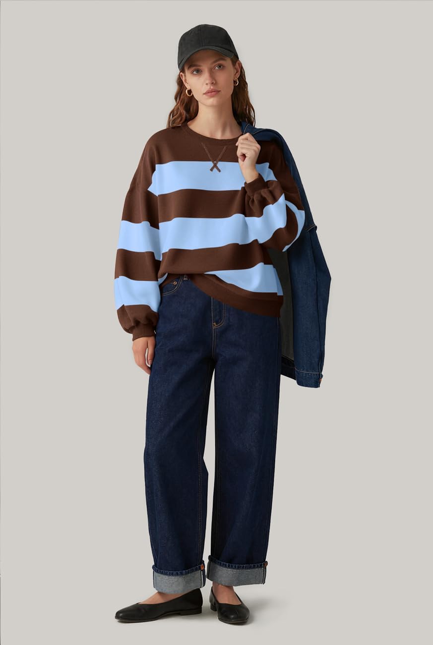 UEU Women Oversized Striped Crewneck Sweatshirt Long Sleeve Color Block Pullover Tops Casual Loose Workout Shirt