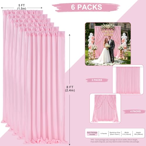 Image of Pink Backdrop Curtains: 6 Panel 5ft x 8ft Polyester Fabric - Wedding Backdrops for Baby Shower Party Stage Ceremony Photography Background