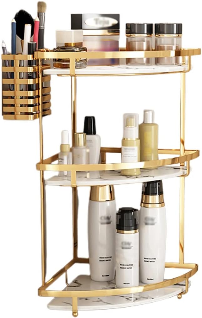 Makeup Organizer Shelf, 2-3 Tier Cosmetic Storage Basket, Wire Vanity Organizer Rack, for Bathroom, Dresser, Countertop,Removable and Easy to Clean(Gold a 22.5 * 47cm)