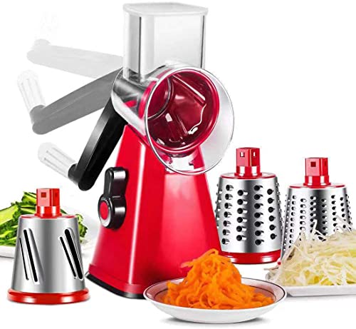 Rotary Cheese Grater, Kitchen Mandoline Vegetable Slicer With 3 Interchangeable Blades, Easy To Clean Rotary Grater Slicer For Fruit, Vegetables, Nuts… (Red) #TOP4