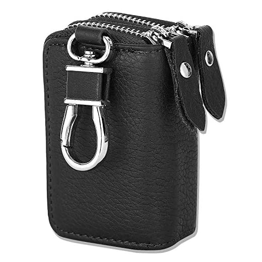 RAYSUN Premium Genuine Leather Car Key Chain Holder Case [ 2 Pockets for Car Key Home Key Coin Cash ] (Black 2 Pocket)