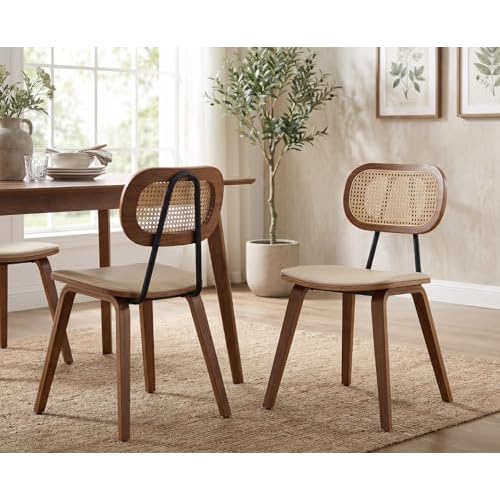 CIMOTA Mid Century Modern Dining Chairs Set of 2, Rattan Back Kitchen Chairs with Solid Wood Frame, Upholstered Faux Leather Seat, Armless Cane Dining Room Chair for Kitchen, Farmhouse, PU B
