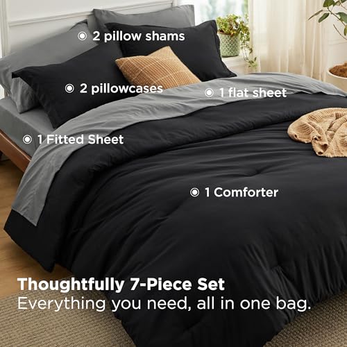 Image of Bedsure Queen Comforter Set - 7 Pieces Black Queen Bedding Set for All Seasons, Boho Contrasting Design Bed in a Bag with Comforter, Sheets, Pillowcases & Shams