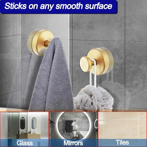 Image of Bntuk Suction Cup Hooks for Shower, Towel Hooks for Bathroom Window Glass, Bath Robe Looafh Hook for Hanging - 2 Pack, Gold