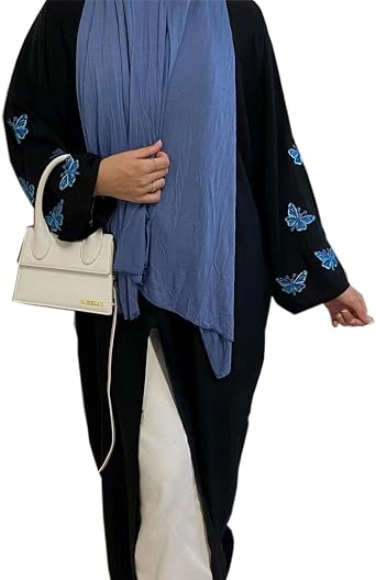 Muslim Women Butterfly Embroidery Open Kimono Abayas Eid Long Robe