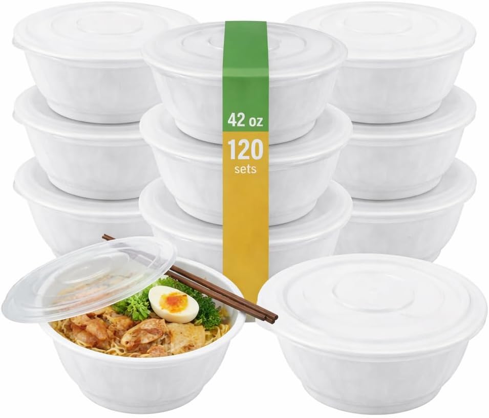 42 oz Disposable Noodle Bowls with Lids – 120 Sets White Soup & Ramen Containers, Leak-Resistant, Microwave & Freezer Safe Food Storage for Restaurants & Takeout, White