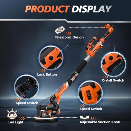 Drywall Sander with Vacuum Dust Collector, 1050W 7.33A Popcorn Ceiling Removal Tool, LED Light, 5 Variable Speed 1000-2100RPM, Foldable & Extendable Handle, 12 Sanding Discs