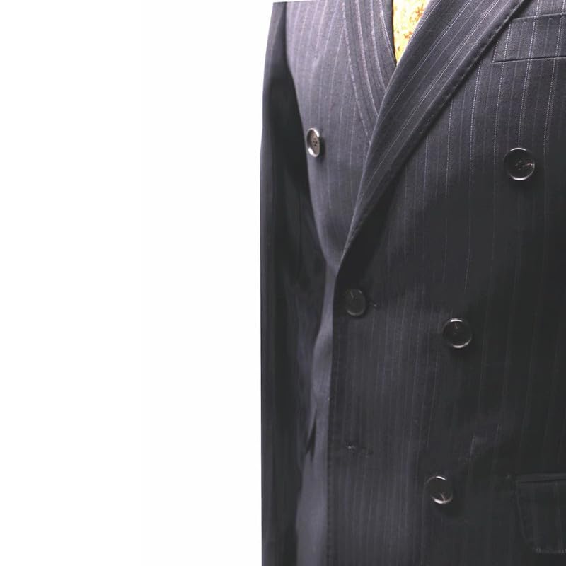 Mens Double Breasted Suit Jacket Navy Blue Striped Slim Fit Business Blazer Formal Coats for Wedding 5