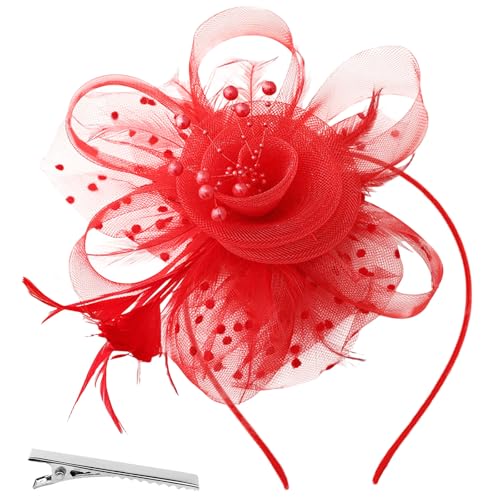 AWAVM Fascinateur rouge Chapeau de femme avec voile rouge Plumes Fleurs Bandeau en maille Clip Coiffure de fête Mariage Promenade Cocktail Carnaval