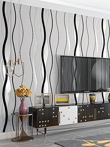 Rouleau de papier peint non tissé texturé moderne pour chambre à coucher, salon, 3 couleurs, motif abstrait moderne, tourbillon brillant, 9,5 x 0,53 m (l x L) = 5,035 m² (blanc crème)