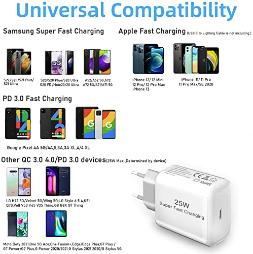 25W Cargador USB C Rápido y Cable para Samsung A54 5G/A34 A14 A13 A15 A25 S23/S22/S23 Plus/S23 Ultra/S21 S20 FE,A72 A52S A52 5G M23 M33 M53,Xiaomi Redmi Note 10 11,PD 3.0 Cabeza Enchufe Movi USB C