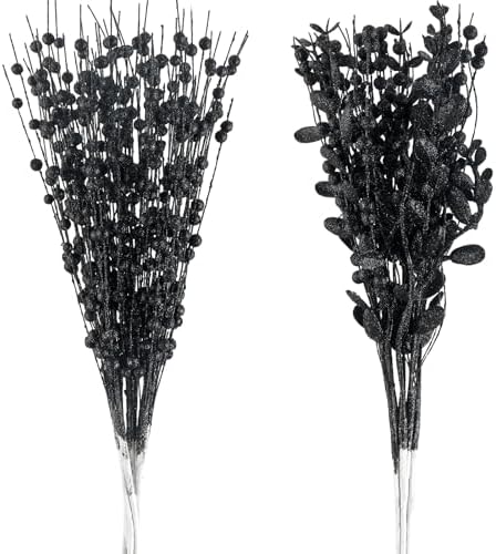 24-Pack Christmas Tree Picks Ornaments, Artificial Glitter Berry Stem Glittery Twigs Ornaments for Christmas Tree Decorations, Small Vase, Holiday, Wedding, Party Decorations (Black)