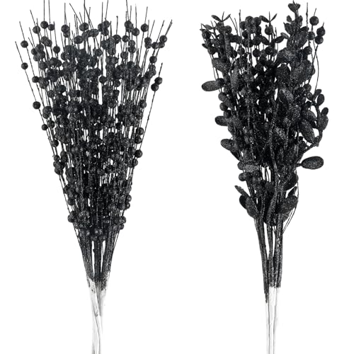 CristBest 24-Pack Christmas Tree Picks Ornaments, Artificial Glitter Berry Stem Glittery Twigs Ornaments for Christmas Tree Decorations, Small Vase, Holiday, Wedding, Party Decorations (Green)