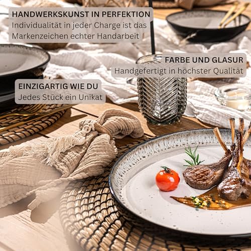 SÄNGER Sansibar | Teller Set 6 Personen, Steingut Geschirr Set 6 teilig, Speiseteller Essteller Dinner Set kratzfest, Plates Set spülmaschinenfest, Steingut Speise Teller hellgrau | VALUE COLLECTION