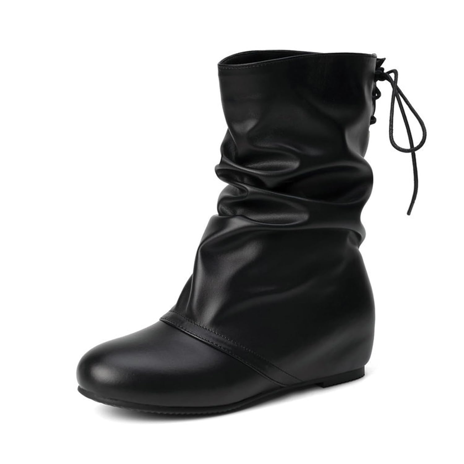 Womens Leather Back Lace Up Flats Mid Calf Boots Comfort Round Toe Internal Heighten Wedge Heel Ankle Boots